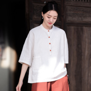 Cotton and Linen Women's New Product 2025 Retro National Style Stand Collar Color Block Button Short-Sleeved Top Women's Shirt T-Shirt