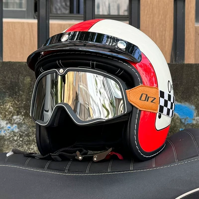 Motosiklet kaskı (dəbilqə) — 3C Certified 3/4 Helmet, Retro Half Helmet - ivory-white-red-ring-retro-black-silver-goggles-special-price-m