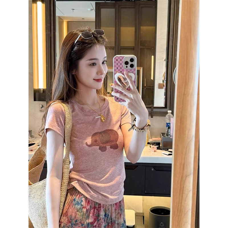 Korean Pink Elephant Print Right Shoulder Short-Sleeved T-Shirt for Women Summer Thin Small Slim Slim Short Top