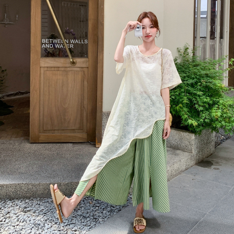 Real Shot White Lace Beveled Top Denim Wide Leg Pants Two-piece Set Women's Summer Unique Beautiful Giant Beautiful suit