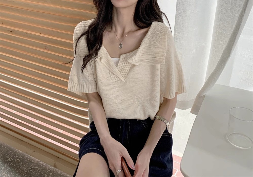 Design di nicchia unico e unico, sottile maglia in seta ghiacciata, top estivo da donna a maniche corte con scollo a V e piccola fragranza,_voghion.com