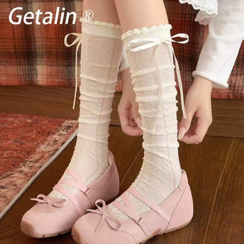 Lace ankle socks for women, summer thin style, with bow, breathable, Miu-style ballet style, white stacked socks with lace flowers