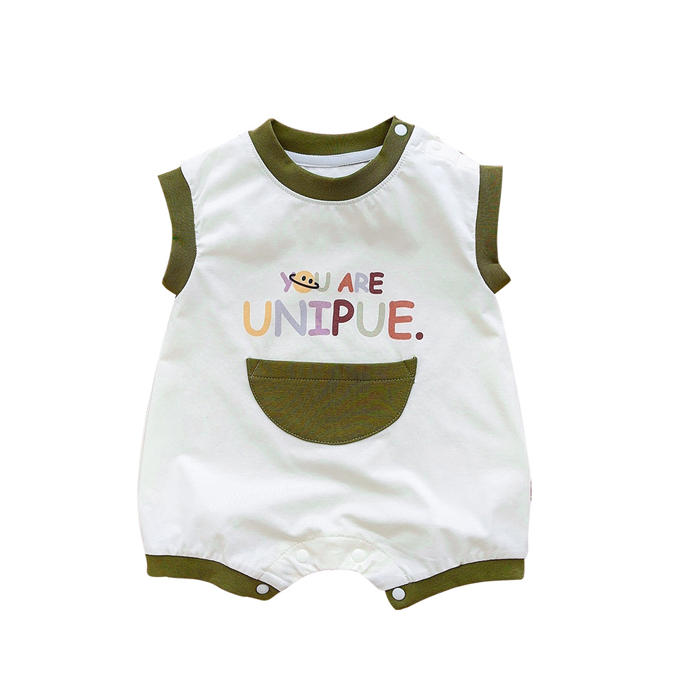 2024 nuevo verano hombres y mujeres bebé gatear traje dopamina dibujos animados ins viento contraste letras bolsillo bebé mameluco 1