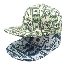 跨境美元图案印花棒球帽男女士平沿遮阳帽欧美户外嘻哈街舞棒球帽