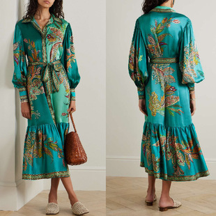 Cross-border independent station Amazon 2024 holiday lapel single door lapel lantern sleeve long sleeve retro printed dress
