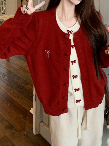 Red Retro Contrast Color False Two-Piece Cardigan Women's Autumn/Winter Contrast Color Bowknot Embroidered Outerwear Knit Top