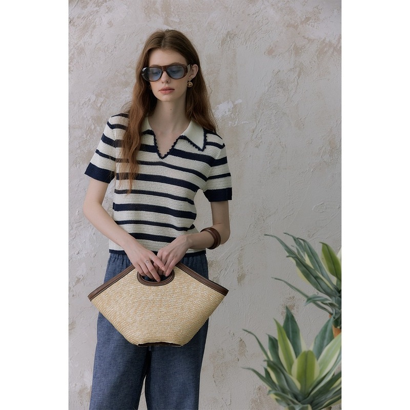 爽やかなテンセルリネンニットコントラストカラーラペル半袖Tシャツ女性用春夏2色手作りかぎ針編みトップス|undefined