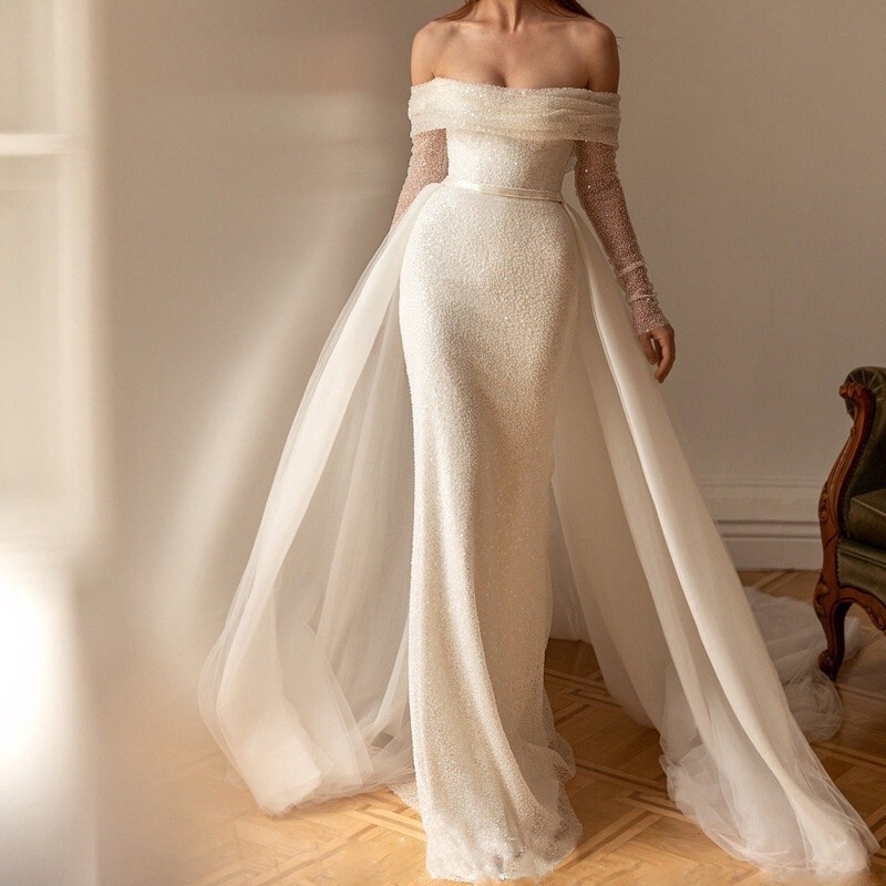 Off-shoulder Long-sleeved Foreign Trade White Wedding Dress Two-piece Set Detachable Trailing Beaded Embroidery Slim-fit Slimming Fishtail Elegant Yarn