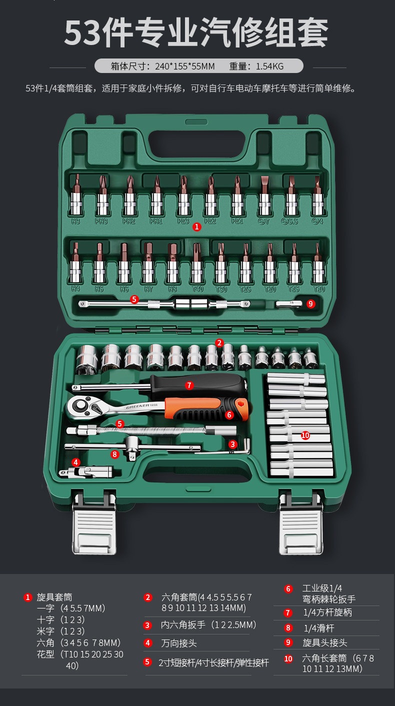 Suitable for Green Forest Auto Repair Tool Set, Socket Wrench, Ratchet, Car Repair Combination Tool Box, Multi-Function