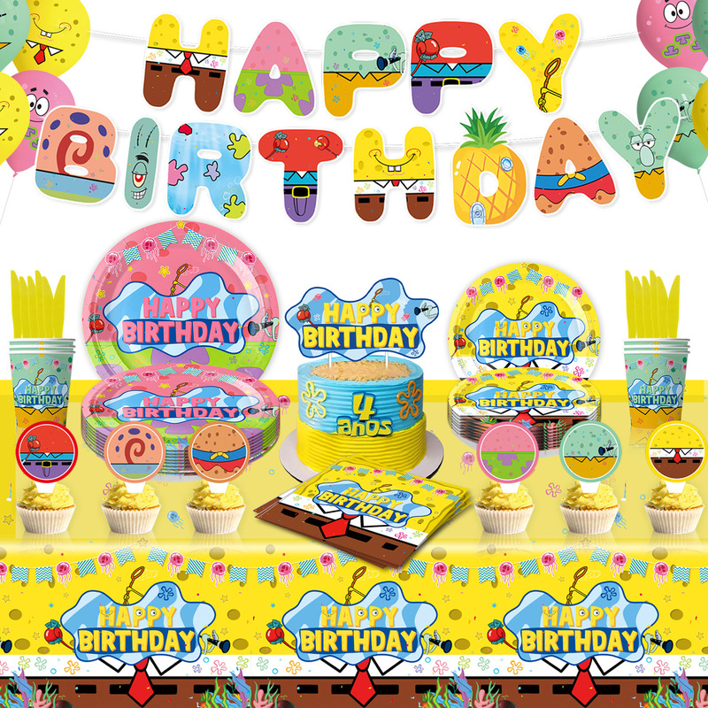 Cross-border Spongebob Party Paper Tray Children's Birthday Theme Tableware Paper Tray Paper Towel Tablecloth Decoration Arrangement Supplies