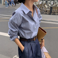 法式复古蓝色条纹衬衫女春装高级感气质翻领宽松百搭长袖叠穿上衣
