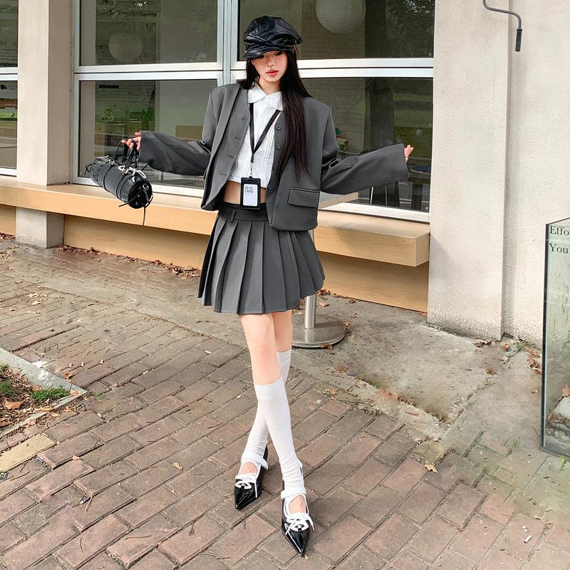 [Jinyin] Early Spring New Preppy Style Pure Color Splicing Cardigan Suit Jacket Slim Pleated Skirt Suit for Women