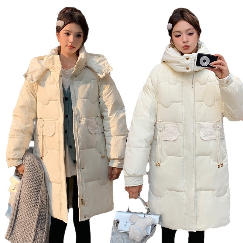 Moda transfronteriza de pluma media y larga mujer 2025 invierno nuevo algodón grueso abrigo de invierno con capuzas cálidas