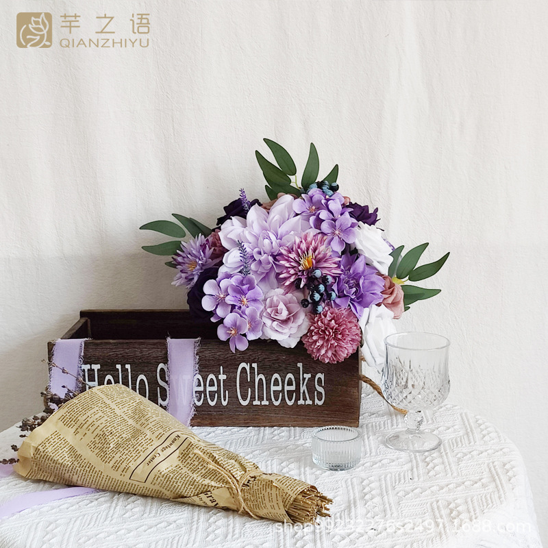 手工制作仿真绢花紫色婚礼订婚仪式DIY手捧新娘礼物家居欧式跨境