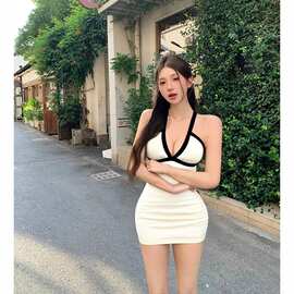 2026夏季韩版修身显瘦米白色性感辣妹挂脖欲包臀连衣裙薄纱扎染