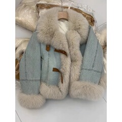 韩系设计感浅蓝色牛仔外套女时尚夹绒加厚羽绒保暖仿皮毛绒大衣