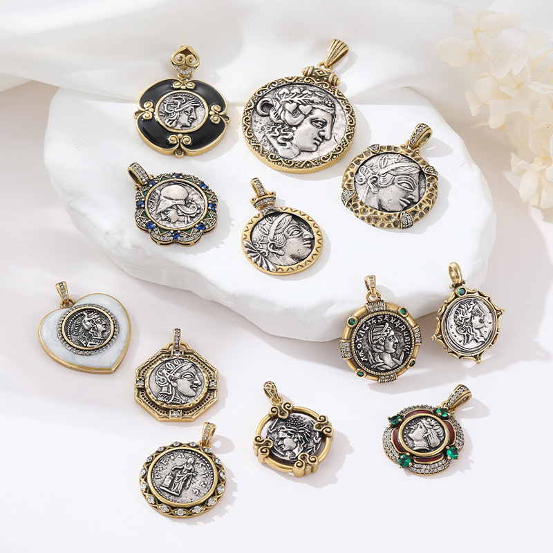 跨境中古风做旧古铜项链吊坠单坠古罗马骑士人像挂件DIY饰品配件