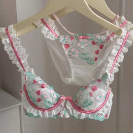 新款国风薄款刺绣蕾丝镂空上托内衣女甜美欲文胸罩套装夏