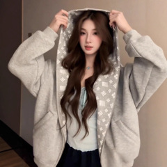 美式复古潮牌印花连帽卫衣女春秋2025新款巨好看宽松拉链开衫外套