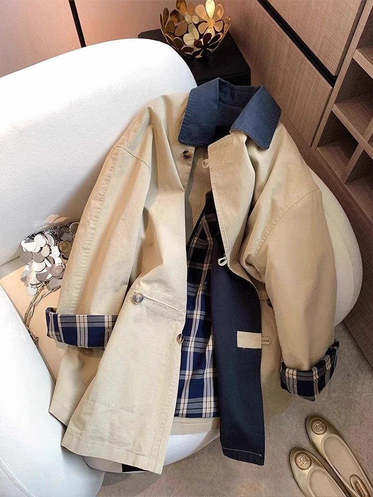 Classic Women's Plaid Trench Coat With Turn-down Collar Versatile_voghion.com
