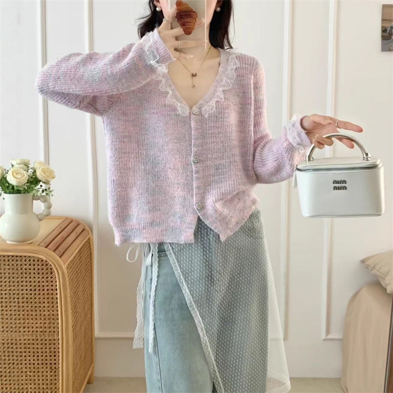 早秋新款软糯针织开衫女清新甜美宽松显瘦V领长袖毛衣外套上衣潮|undefined
