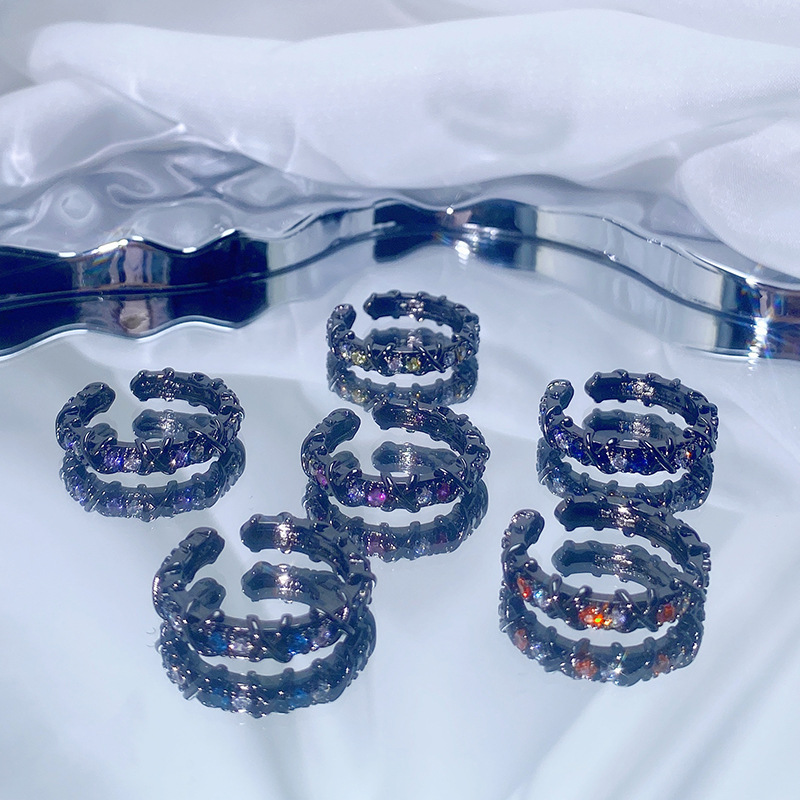 日韓暗黑風閃鑽交叉彩色鋯石開口戒指小眾設計感時尚百搭潮酷指環