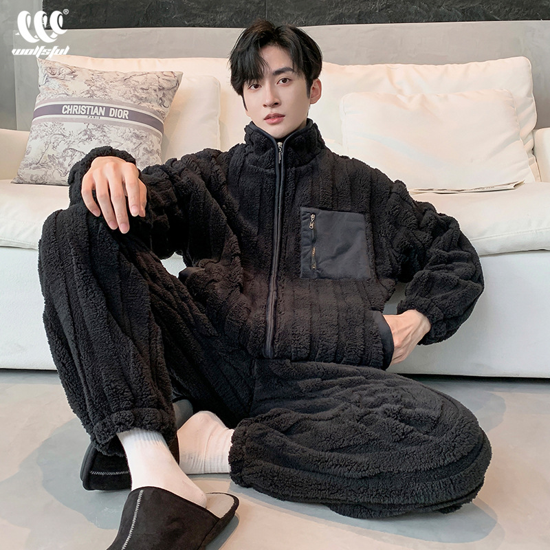 Coral Fleece Pajamas Men's Autumn and Winter fleece-lined Thickened Teenager Plus Size Flannel Winter Home Clothes suit