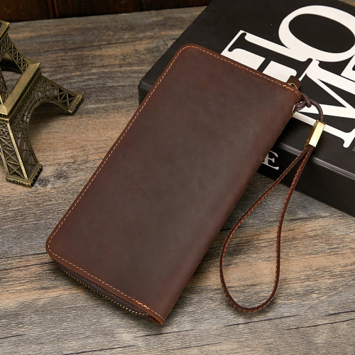 Crazy horse leather men's wallet genuine leather trendy retro long wallet RFID anti-magnetic men's clutch bag genuine leather wallet
