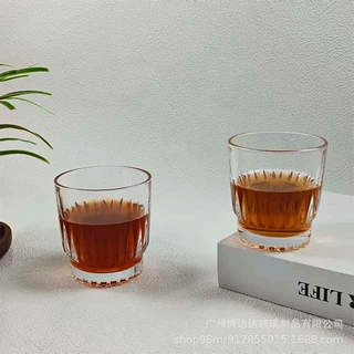 ins风玻璃威士忌杯冰美式拿铁咖啡杯简约时尚剑纹水杯果汁饮料杯