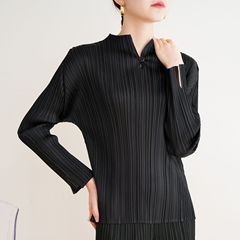 Quality autumn and spring high-end pleated niche fashion design V-neck long-sleeved versatile casual T-shirt top