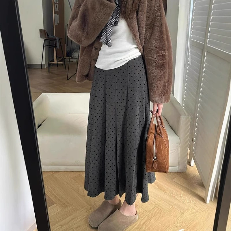 Маленькая серая волнистая шерстяная юбка с плиссированной юбкой женского пола весной и осенью с высокой талией, тонкая грушевидная фигура средней и длинной юбка