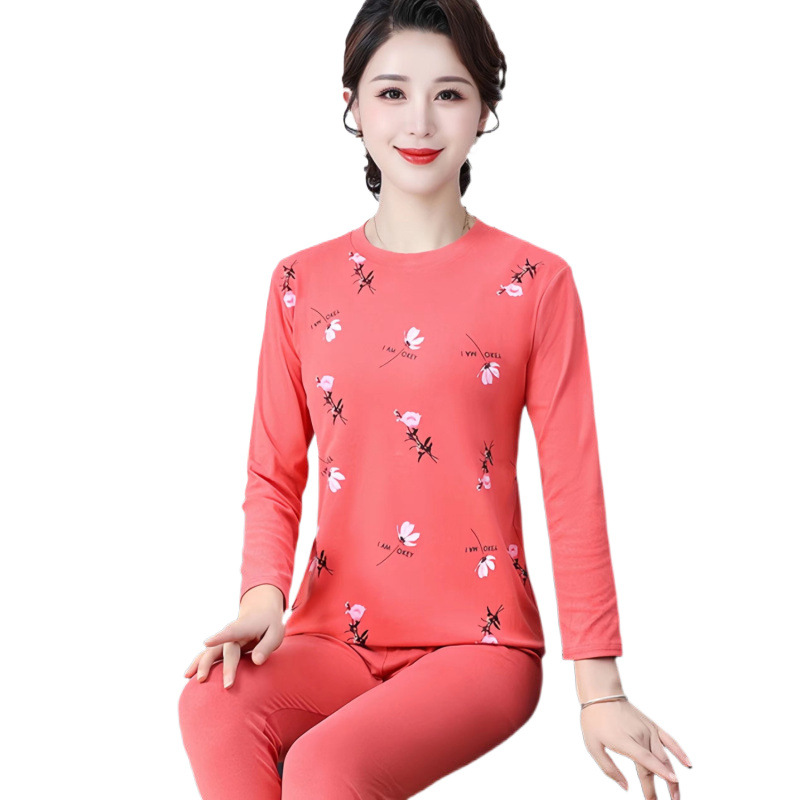 여성용 가을 겨울용 보온 속옷 슈트, 중장년 여성을 위한 독일산 벨벳 얇은 가을용 옷과 가을용 바지, 자체발열 라운드넥 셔츠 바텀