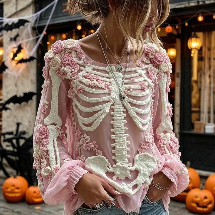 2026 European and American cross-border women's clothing, bohemian style, Halloween-themed retro long-sleeve T-shirt top