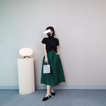 日系~四月新品优雅气质横纹压褶工艺jin典弹簧半身裙019