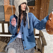 韩系复古羊毛粗棒针简约宽松百搭软糯厚实排扣毛衣开衫外套