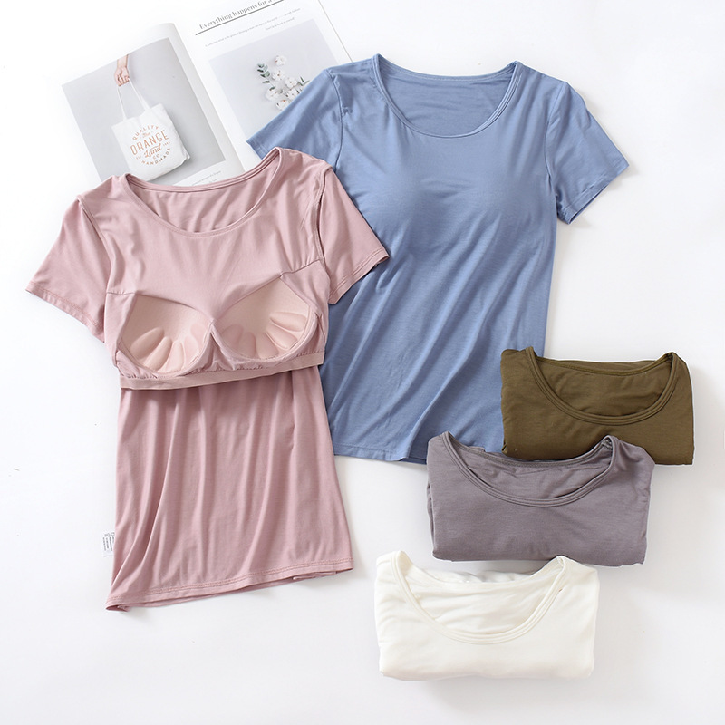 Short-sleeved T-shirt with Chest Pad Women's Modal Cup One-piece Slim-fit Base Shirt Women's Top Round Neck Wear-free Bra