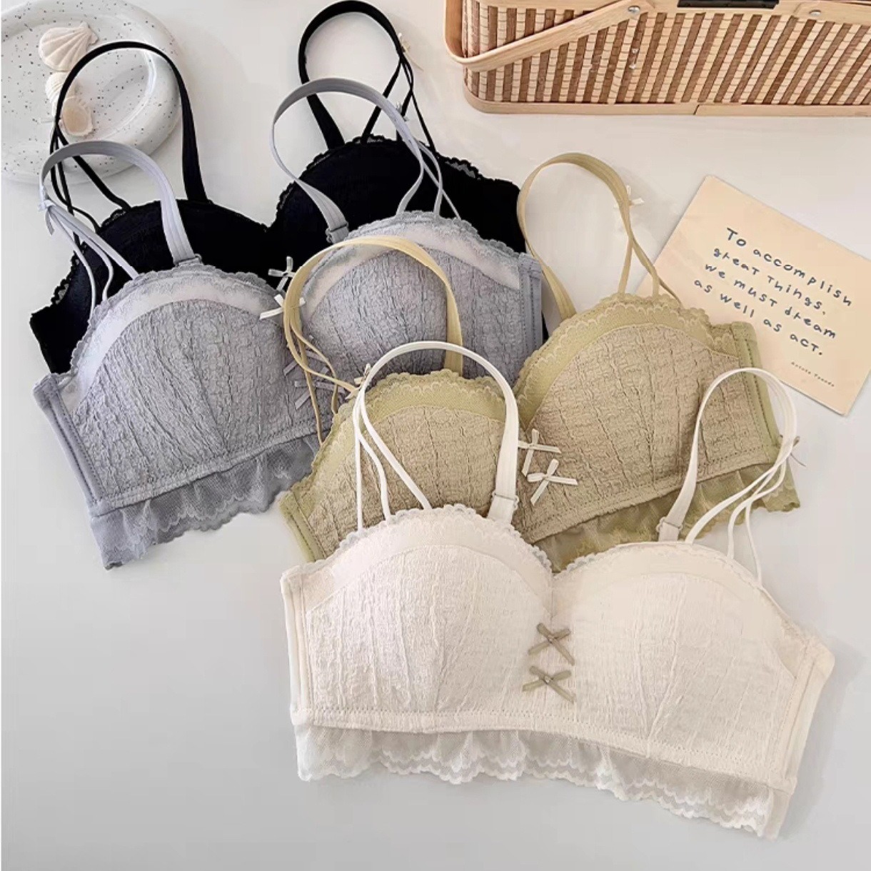 原版小攏杯蕾絲內衣女小胸聚攏顯大防下垂文胸套裝無鋼圈少女胸罩