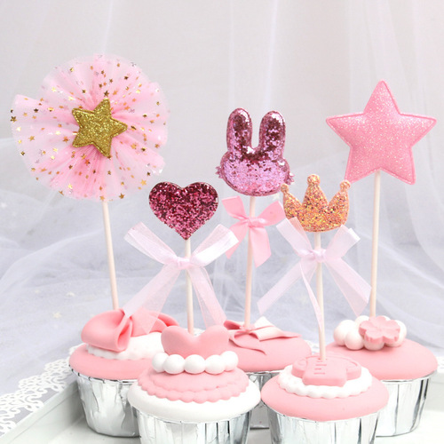 Pink Korean style bunny crown love five-pointed star birthday cake dessert baking New Year cake insert