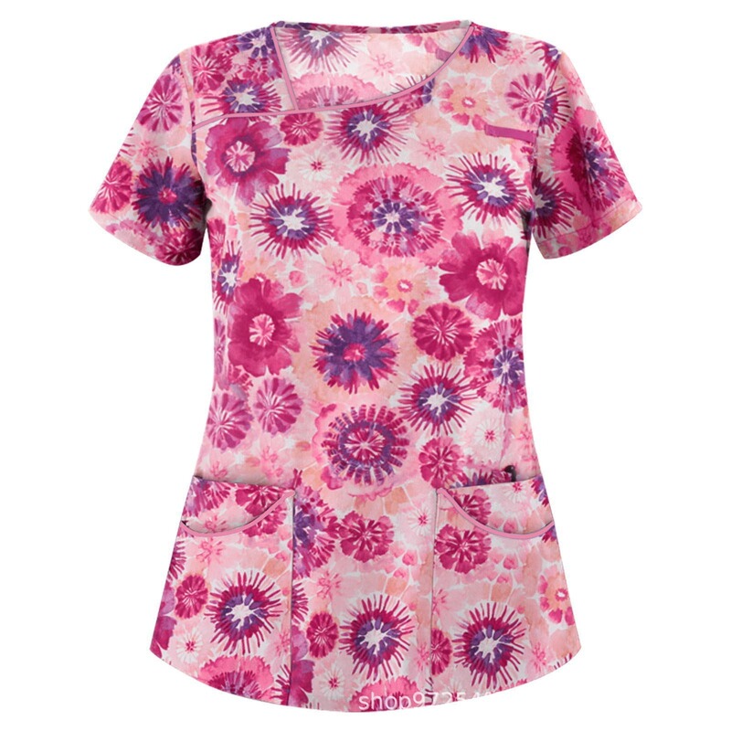 Cross-Border New Popular 3D Digital Print Style Fashion Pocket Top Short-Sleeve T-Shirt for Women, Slim Fit Nurse Uniform