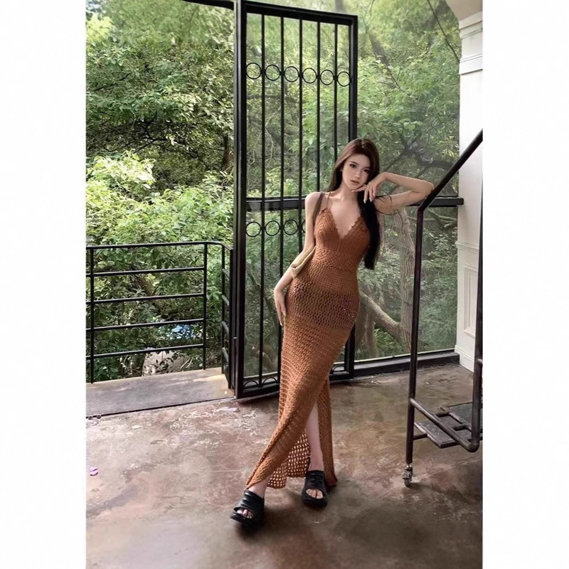 New Summer Long Skirt Sexy Hollow Bikini Knitted Beach Skirt Blouse Sexy Hot Girl Khaki Dress