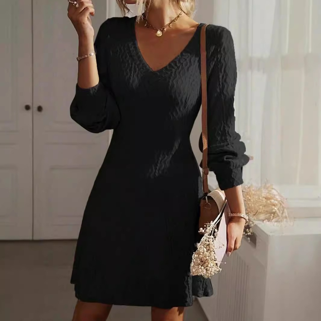 2024 cross-border autumn new V-neck A- line dress solid color texture long sleeve elegant French dress women's clothing