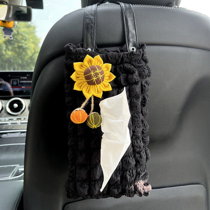 Che Zai Zhi Jin He Gua Shi – Car tissue box/set Seat Back Tissue Hanging - black-puff-sunflower-tissue-box