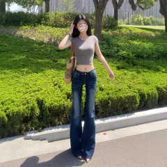 美式加长怀旧蓝微喇牛仔裤女小个子夏季新款时髦喇叭裤低腰马蹄裤