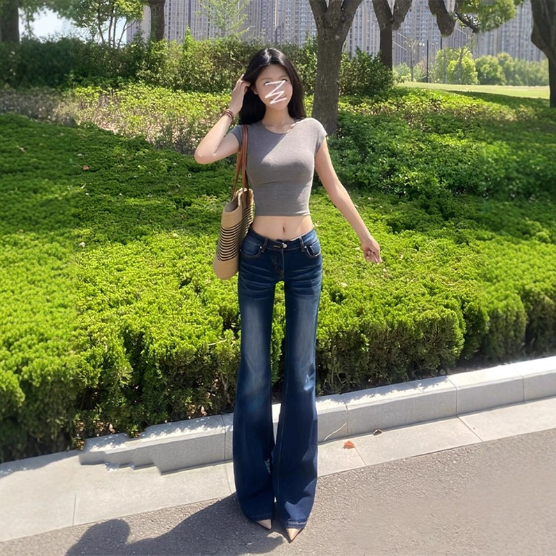 American-Style Extended Retro Blue Flared Jeans for Petite Women, New Summer Fashionable Low-Rise Bootcut Pants