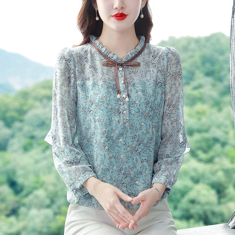 High-End Design French Silk Floral Blouse Autumn New Women's Long-Sleeve Stylish Mom Age-Reducing Versatile Top