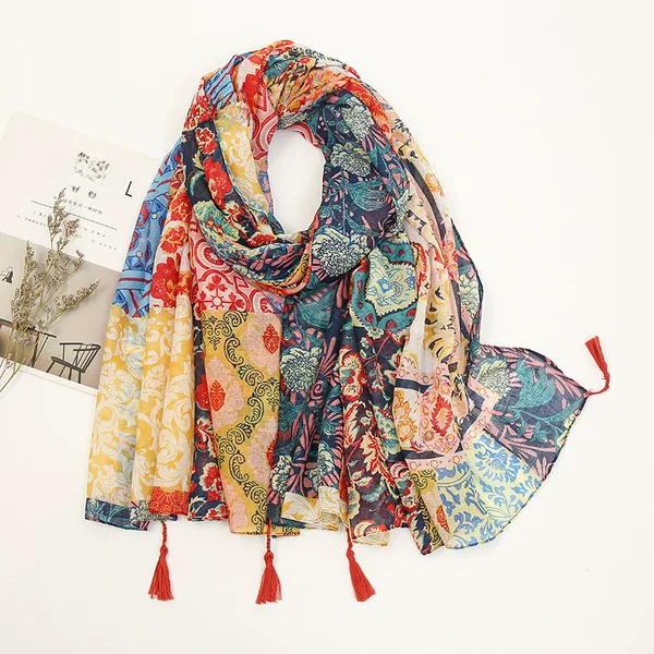 Cross-Border New Color Printed Tassel Scarf Women's Bohemian Style Splicing Shawl Seaside Travel Vacation Sun Protection