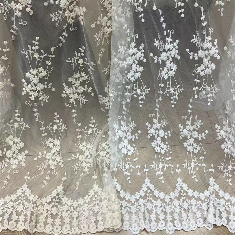 Fashion Lace Embroidery Fabric Swiss Mesh Water-Soluble Embroidery Milk Silk Fabric with Bilateral Symmetrical Positioning Wave Pattern