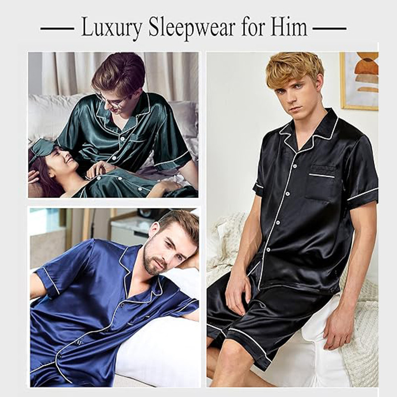 Cross-border  plus size men's short-sleeved shorts satin European and American Foreign trade summer casual home wear pajamas suit_voghion.com