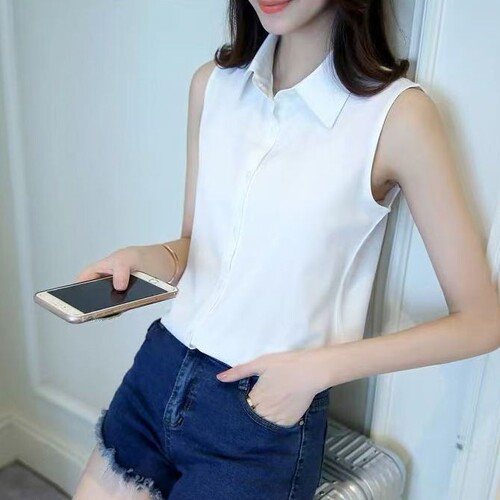 Women's Spring and Summer Sleeveless Fitted White Collared Blouse with Multifunctional False Collar, Simple and Elegant OL Versatile Base Shirt
