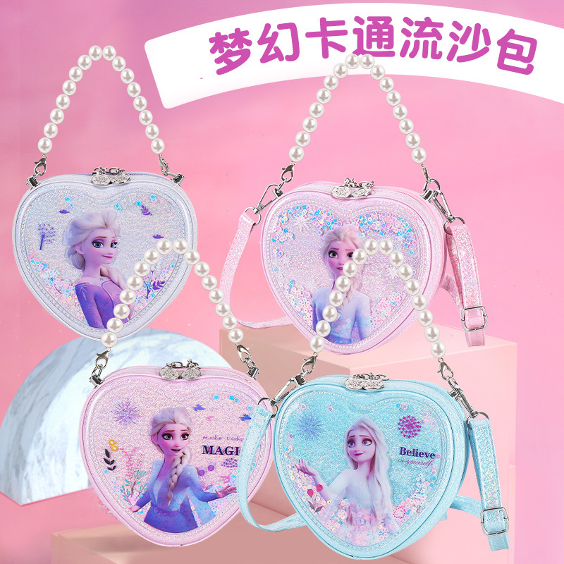 Bolso de Princesa para Niñas 2022, Bolso de Mano de PU con Perlas de Moda, Bolso Bandolera con Forma de Corazón de Frozen
